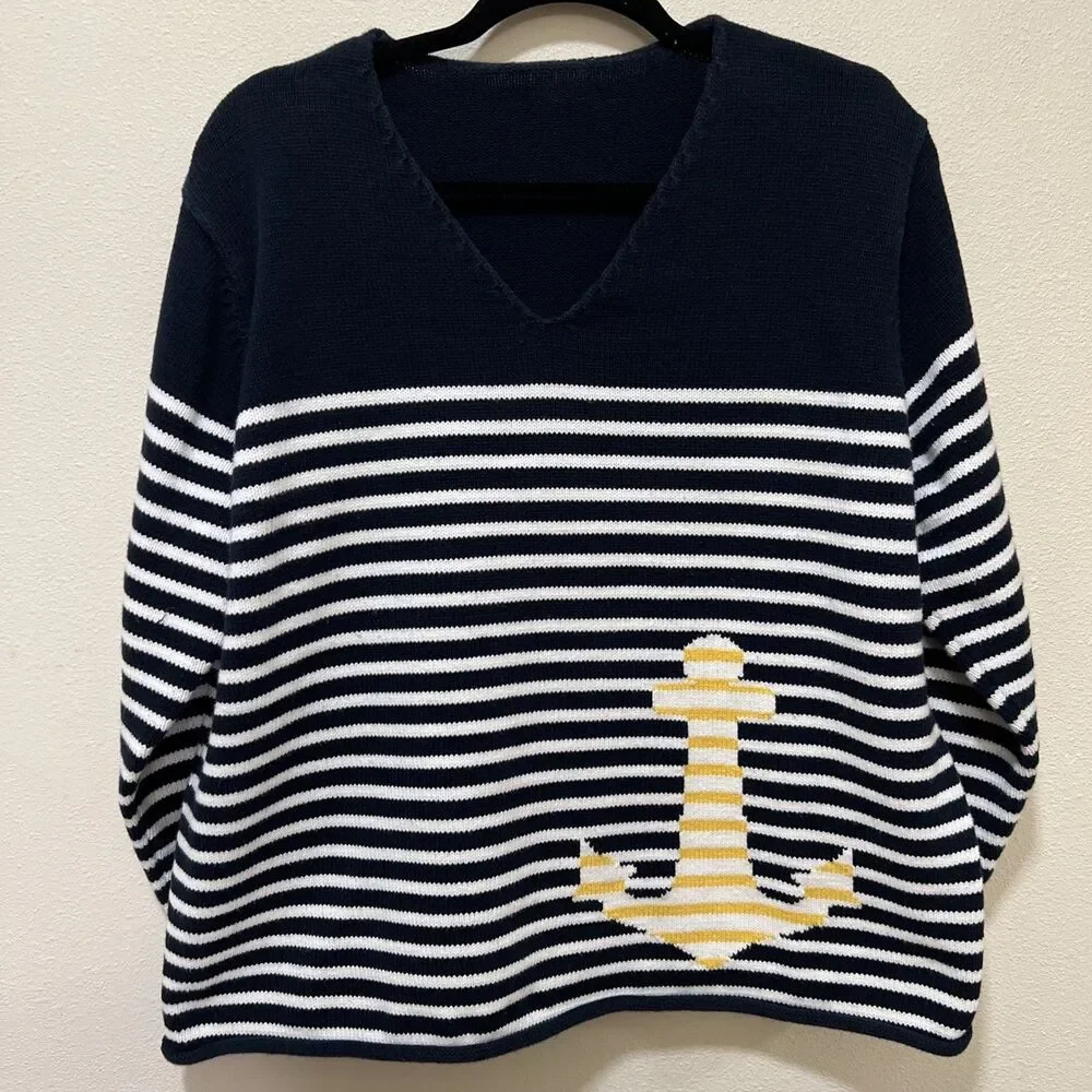 Women’s Nautical Sweater Stripes Anchor Old Money Sailing Beach - Picture 1 of 6